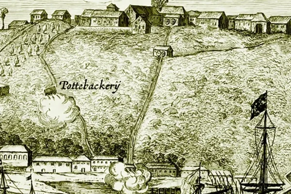 Ilustração holandesa da Salvador do século 17 indica a posição do Guindaste dos Padres ligando o Colégio dos Jesuítas na Cidade Alta à Cidade Baixa